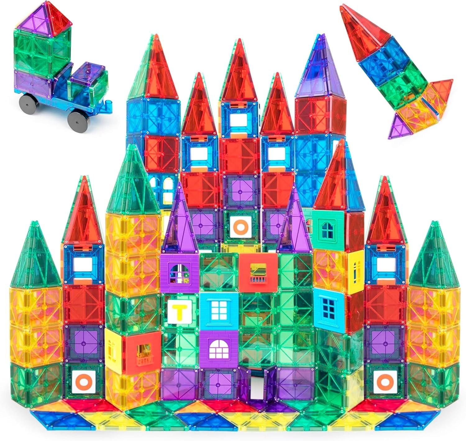 Playmags Magnetic Tiles for Kids 100-Piece Set, STEM Educational Building Blocks Toys for Kids, Includes Click-in ABC Learning Tiles, Gift for Boys & Girls, Add on Magnetic Figures, Car Set Available
