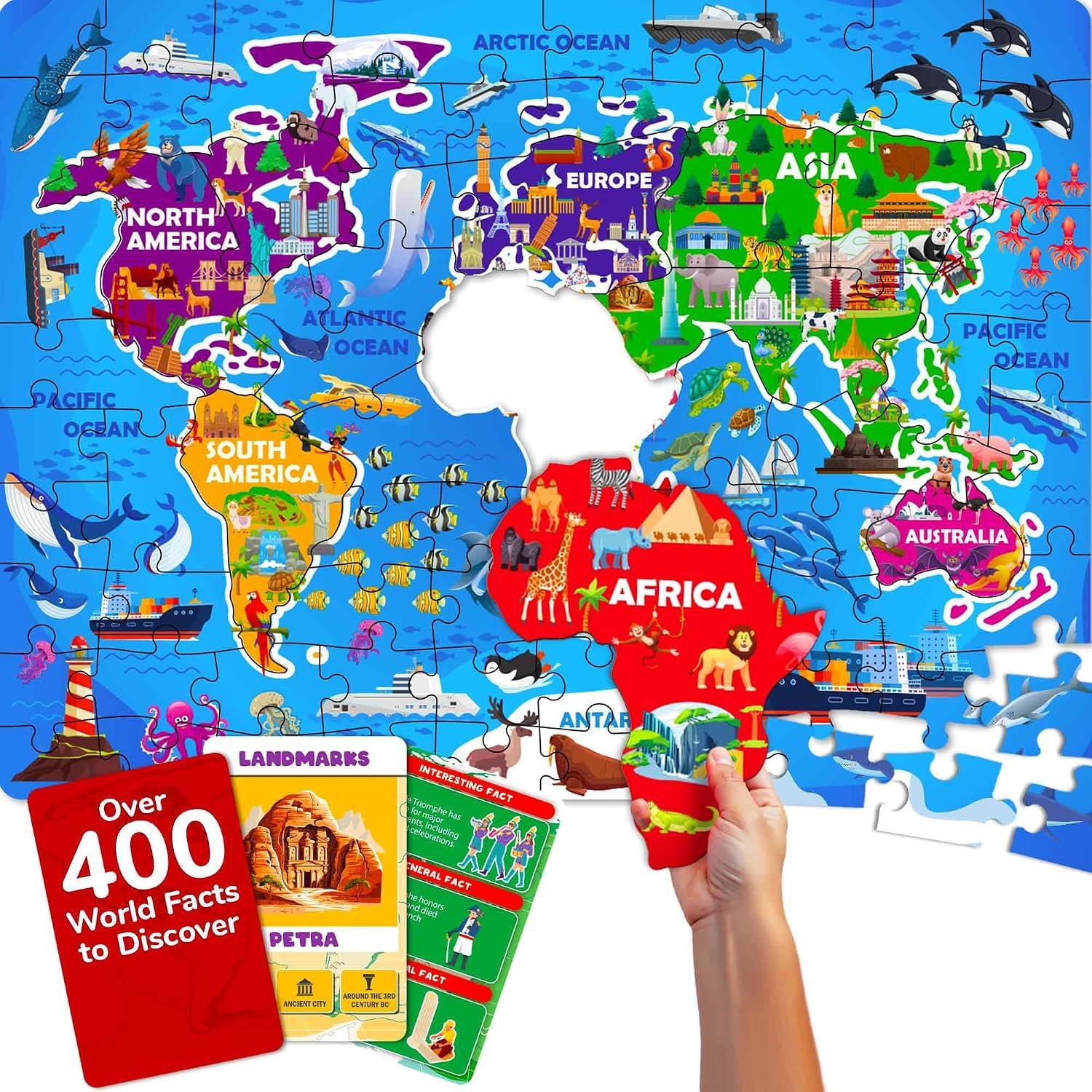 QUOKKA World Map Puzzles for Kids Ages 8-10 – 70 Pcs Jigsaw Floor Puzzles for Kids Ages 6-8 Year Old – Includes 50 Cards with 400+ Fun Facts – Continent Shaped Educational Gift for Girl and Boy 4-8