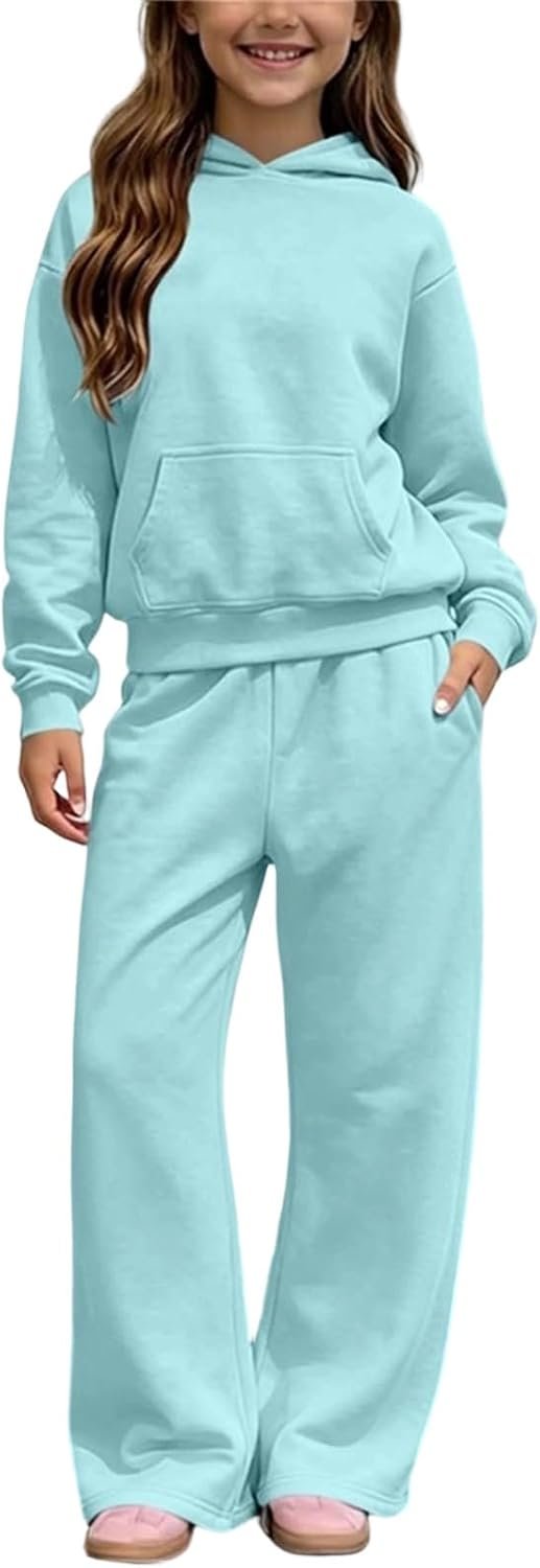 Girls Sweatsuit Fashion 2 Piece Fleece Hoodie and Sweatpants Set 5-14 Years | Girls Athletic Sets Hooded Sweatshirts and Wide Leg Joggers Warm Tracksuit with Pockets Fall Winter Back to School Clothes
