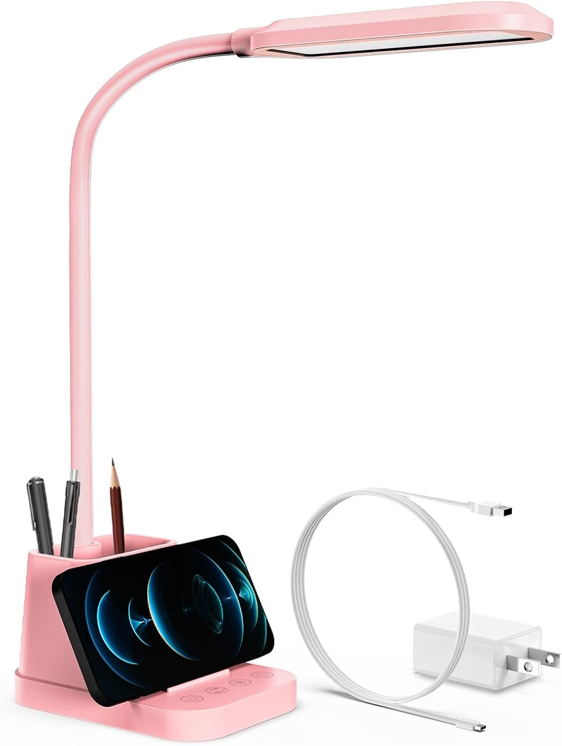 AXX Pink Desk Lamp for Kids, Cute Study Table Light for Bedrooms, Kawaii, USB Charging Port, Small, LED, 650LM, Room College Dorm Essentials, Office Accessories for Women Teen Girls