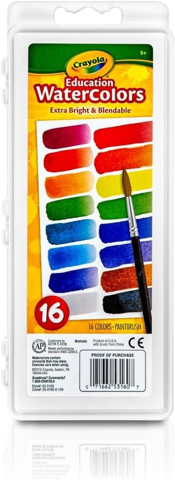 Crayola Watercolor Paint Set (16 Count), School Supplies Essentials, Washable Paint for Kids, 1 Paint Brush, Arts & Crafts, Assorted Colors, Ages 4+