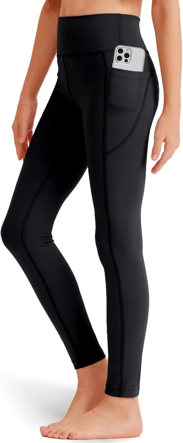 Girls Athletic Leggings with Pockets, High Waisted Yoga Pants for Kids | Multiple Colors & Sizes, Reinforced Gusset & Stitching, Soft Brushed, 4-Way Stretch, Non-See-Through