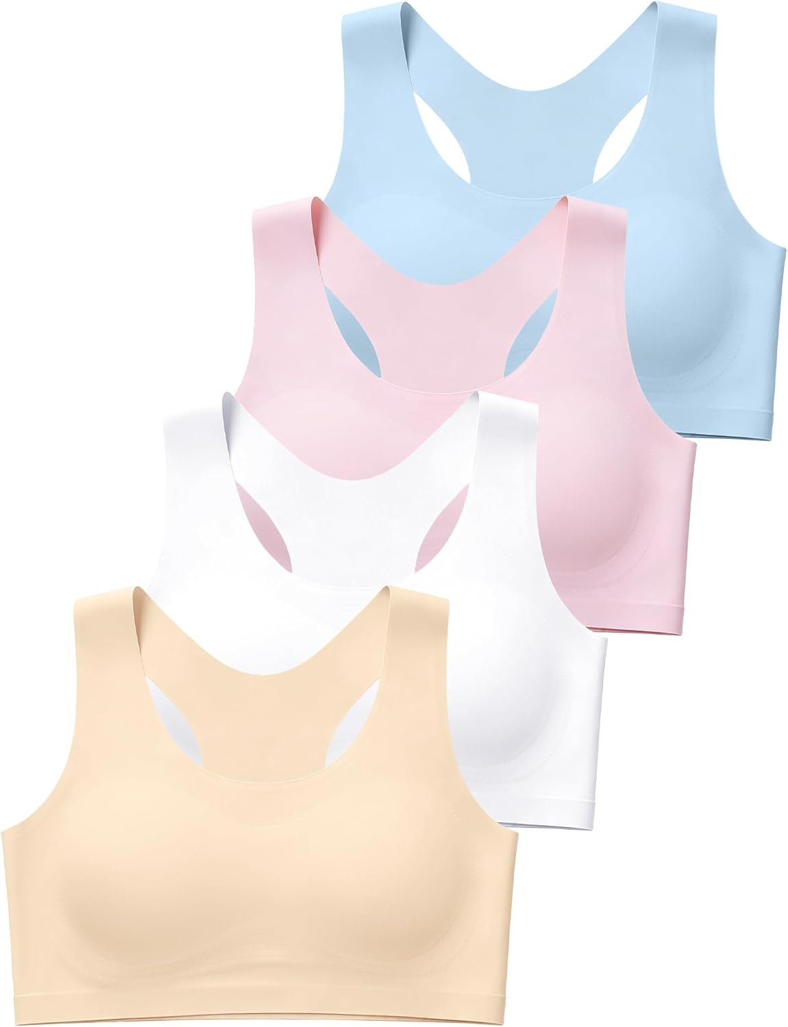 JOCMIC Girls Sports Bra Kids Racerback Training Bras with Sewn in Pads | 4 Packs, No-Show Bra, Wireless, Soft, Breathable, Stretchy, for Tween Youth