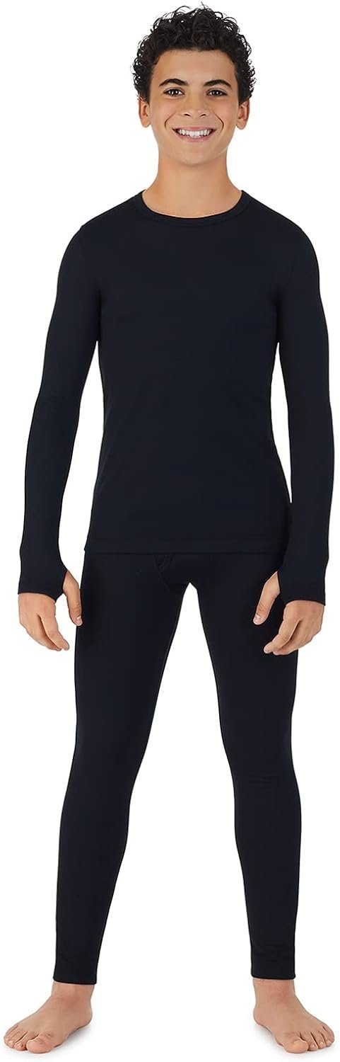 Cuddl Duds Heavyweight 2 Piece Sets Base Layer Thermal Underwear for Boys | Winter Clothing, Fleece Lined Long Sleeve Top & Leggings, Soft Lounge Set for Cold Weather, Moisture Wicking Heat Retention
