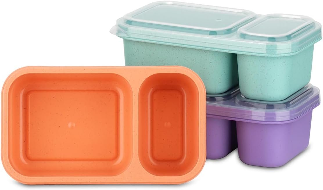 DOSEWART 2-Compartment Reusable Snack Containers with Lids, Wheat Straw Reusable Snack Packs for Food Storage Meal Prep On-the-Go Snacking