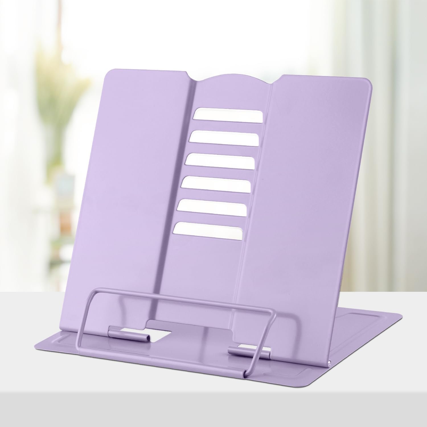 Honagu Book Stand Metal Desk Book Holder, Book Holders for Reading Hands Free, Adjustable Cookbook Documents Holder, Portable Bookstand for Music Books, Textbook, Recipe, Tablet, Ipad (Light Purple)