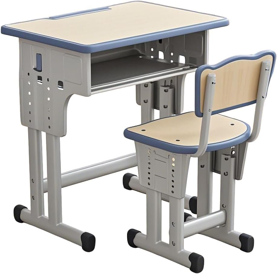 Cantonape Kids Desk and Chair Set for Boys Girl Study Home School, Gray | Height Adjustable Desk with Tilt Desktop, Bookstand, LED Lamp, Metal Hook and Storage Drawer