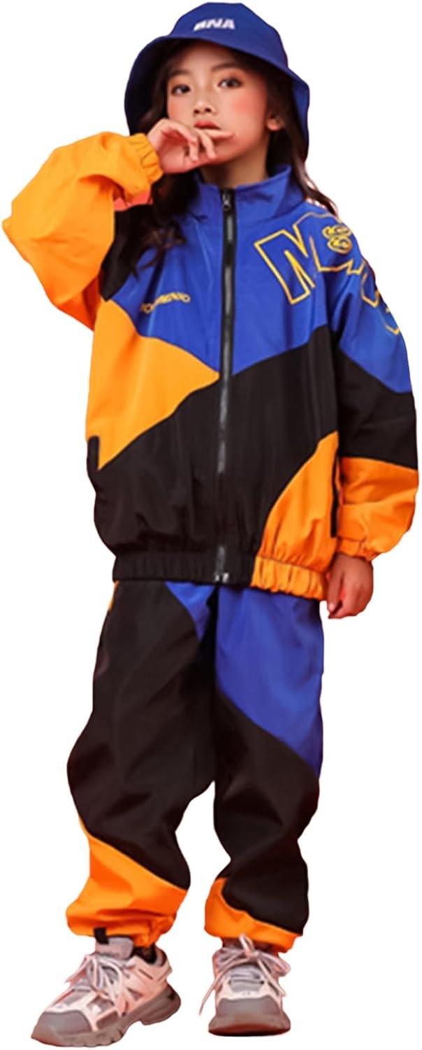 LOLANTA Boys Girls Color Block Jacket Track Pants Set Hip Hop Dance Clothes | 2 Piece Fashion Streetwear, Unisex Kids 80s 90s Neon Outfits, Windbreak Zip-Up Full-lined Tracksuit Sportwear