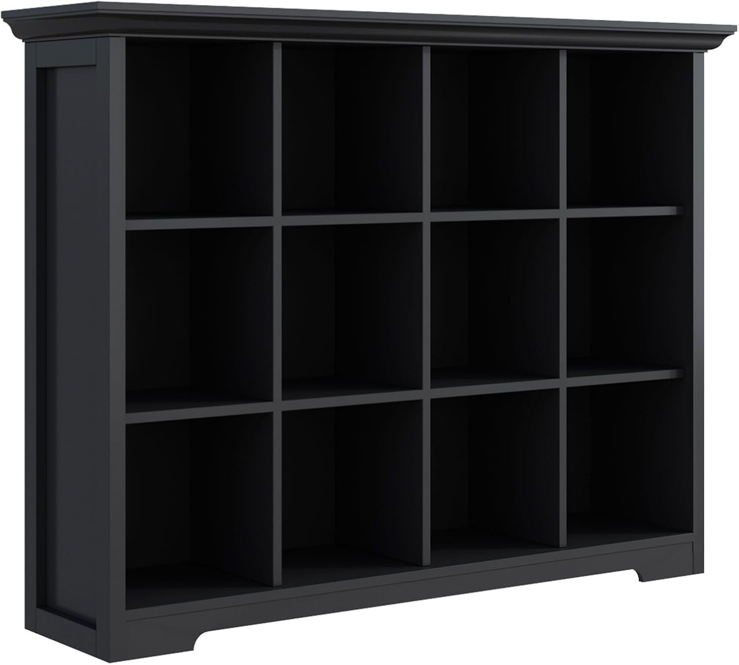 OSCHF 12-Cube Open Bookcase with Base, 3-Tier Wooden Bookshelf, Black | Curved Base, Crown Molding, Fits 11×11″ Bins, Modern Storage Cabinet for Living Room, Bedroom, Home Office