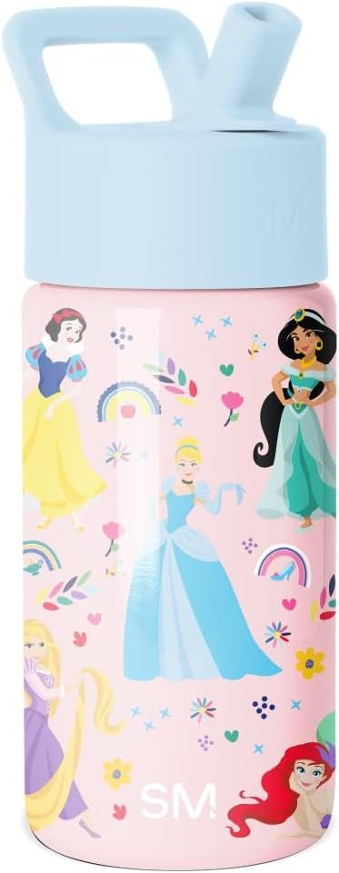 Simple Modern Disney Princess Kids Water Bottle & Toddler Cup | 14oz | Insulated Stainless Steel Princess Rainbows Toddler Water Bottle, Kids Tumbler with Straw | Spill Proof for School Girls Boys