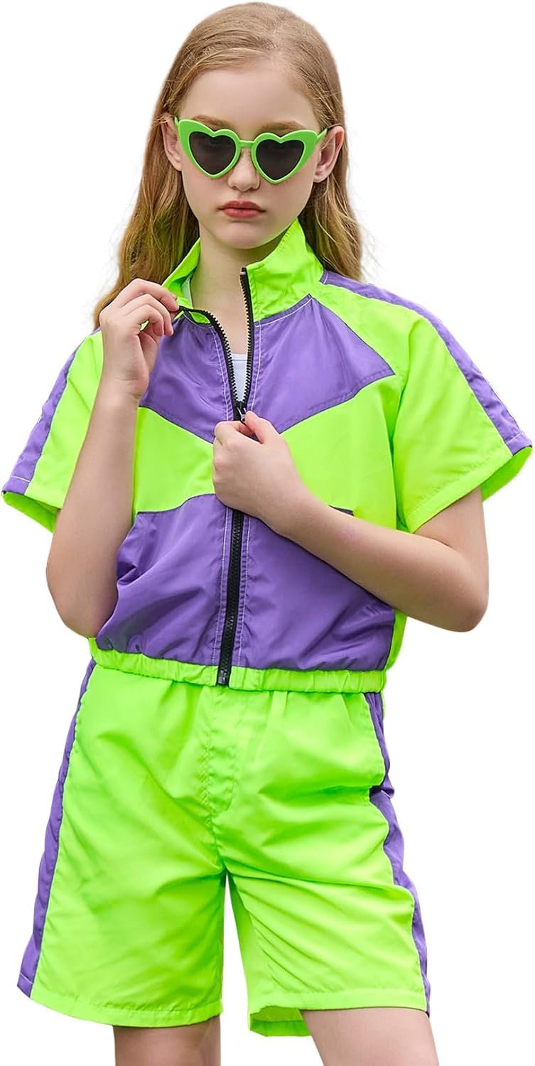 Perfashion Girls Summer 2 Piece Outfits 80s 90s Tracksuit Windbreaker & Short Sets Hip Hop Dance 4-13Y