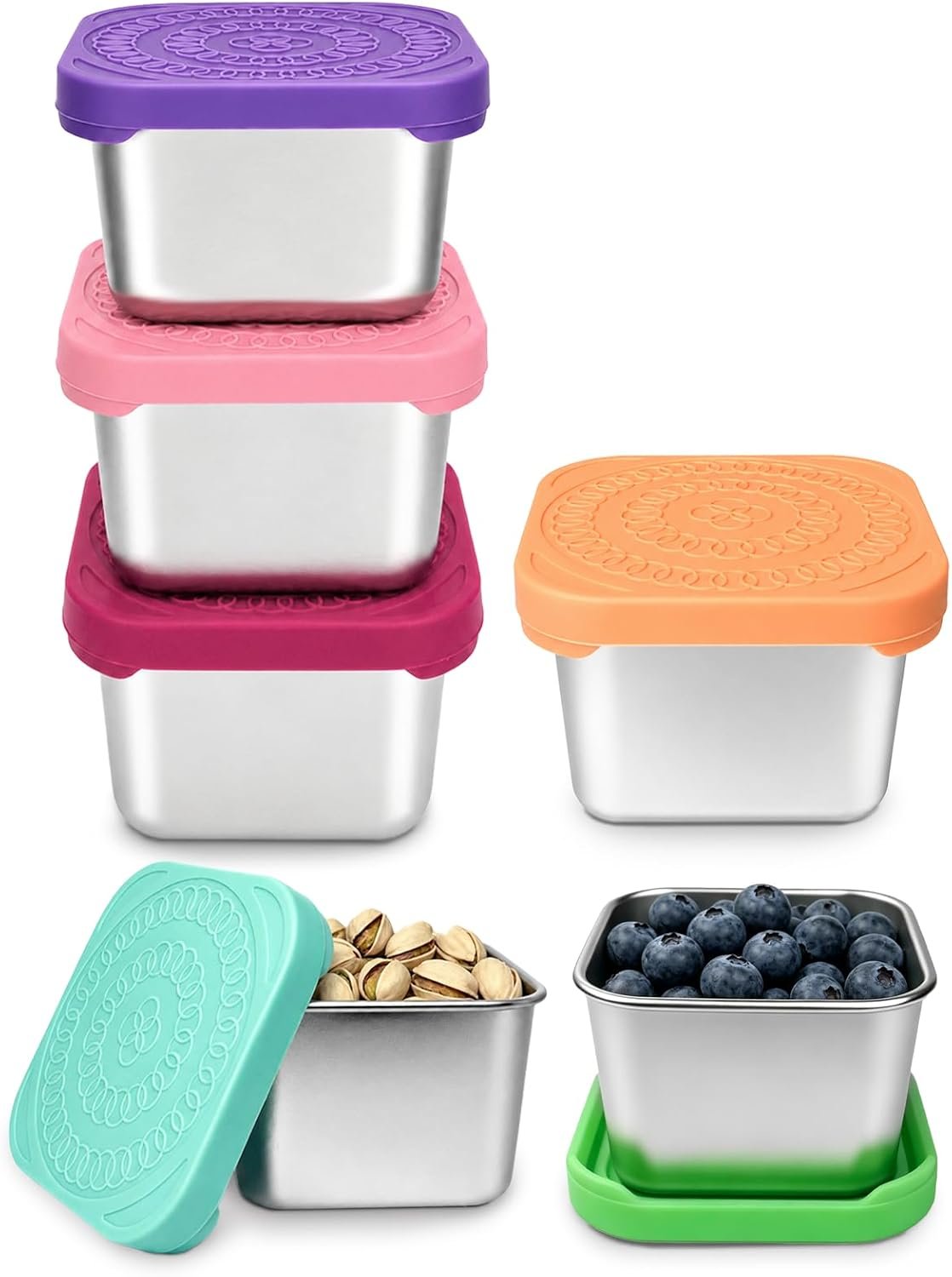 HTEVW 6 Pack Stainless Steel Snack Containers for Kids, 6 oz Food Container | Reusable leak resistant silicone lids food containers . Perfect for school lunch, daycare, travel and portion control.