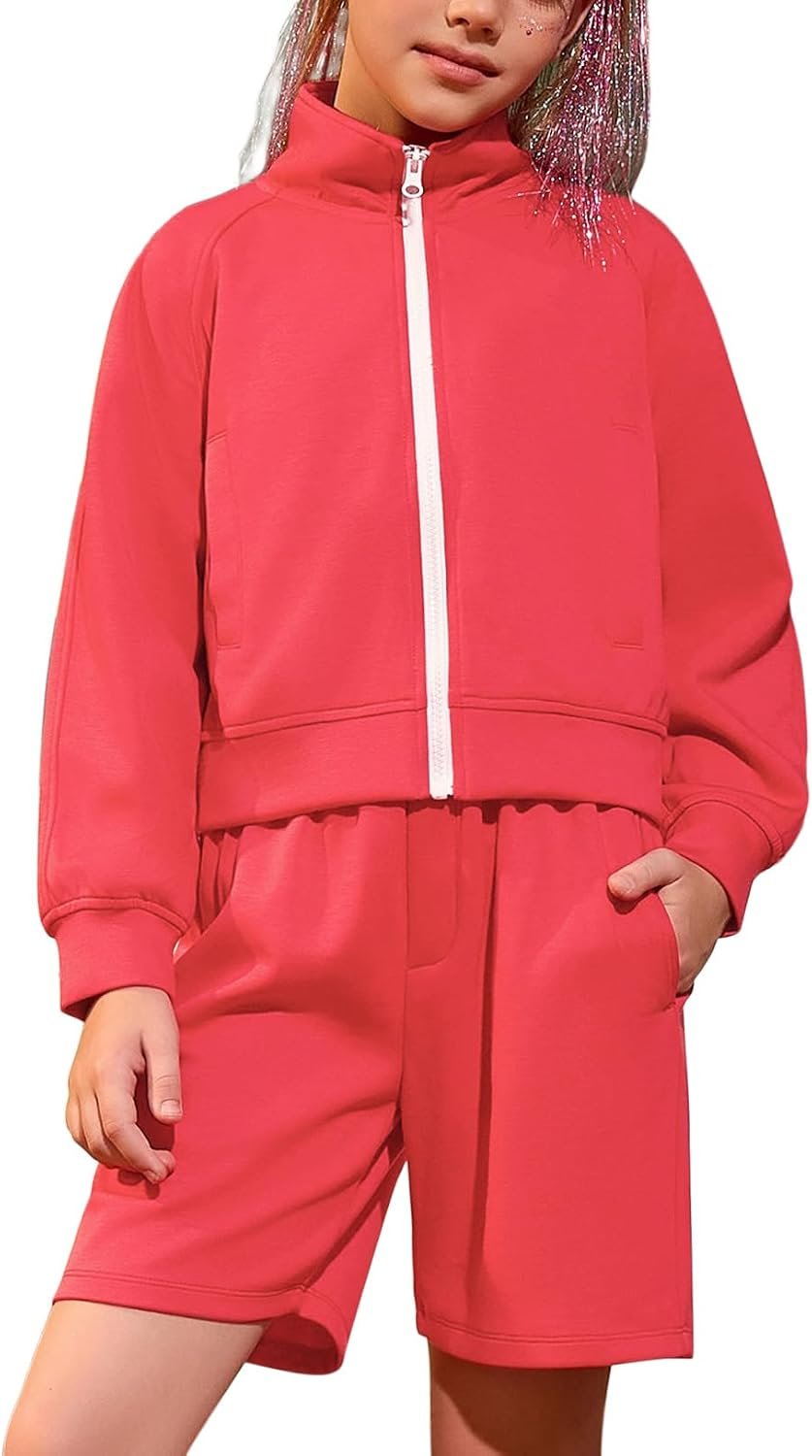 QPANCY Two Piece Sets for Girls Casual Sweatsuit Long Sleeve Full Zip Up Tracksuit Kid Sweat Shorts Sets