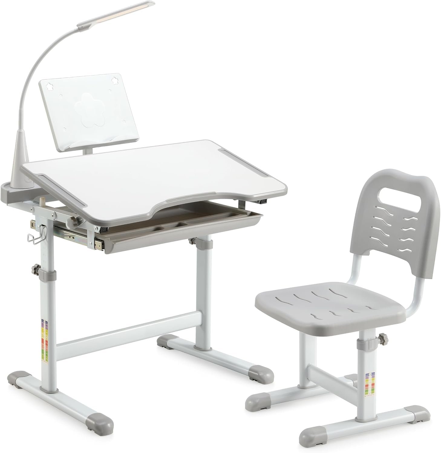 Diroan Kids Desk and Chair Set with LED Light, Height-Adjustable for Age 7+ | Ergonomic, Large 0‑45°desk, Sturdy steel frame, Storage drawer, Bookstand, Metal hook