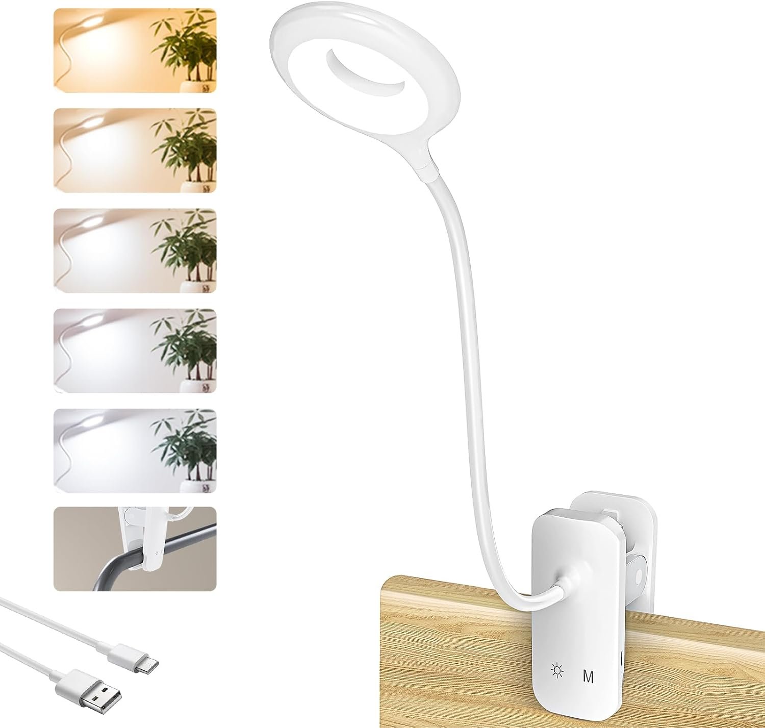 CUHIOY Rechargeable Clip on Reading Light for Bed Headboard, White, 1 Pack | Battery Clamp Bunk Bed Light, 5 Colors 5 Brightness Flexible Neck Desk Lamp, Flicker-Free Touch Control Kids Book Light
