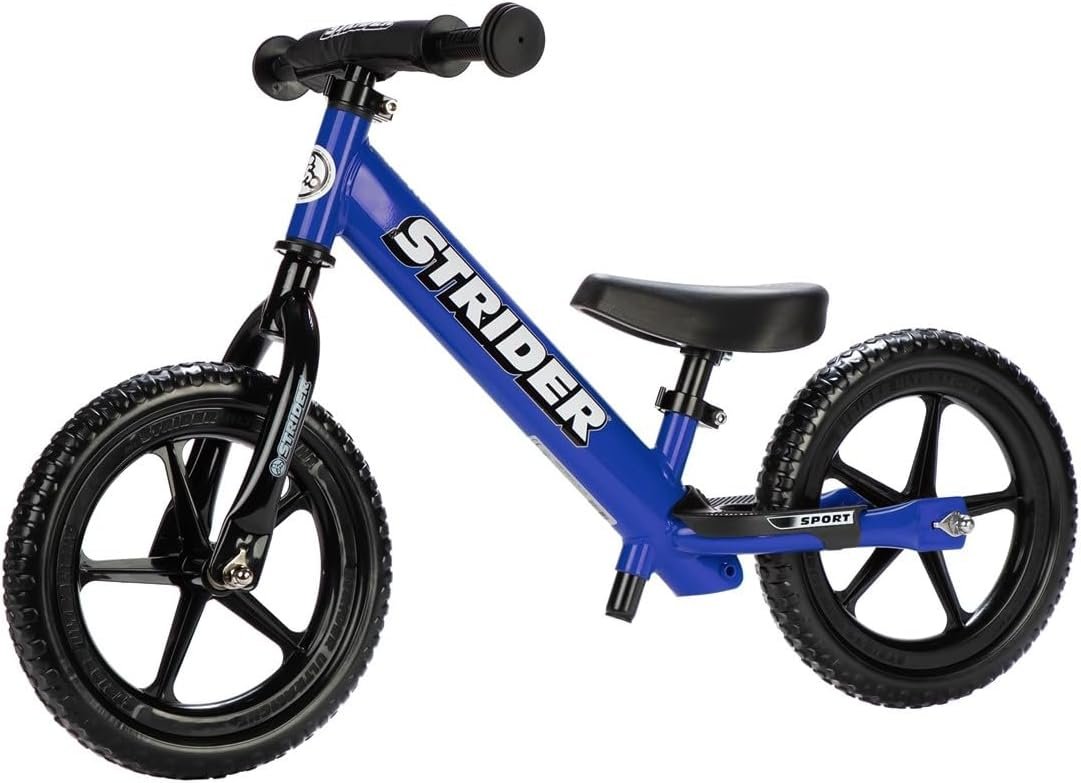 Strider 12 Sport, No Pedal Balance Bike for Kids Ages 1–4 Years, Blue | No-Pedal Balance Bike for Toddlers, Safety Pad, Adjustable Seat and Handlebars, Lightweight Frame, Never-Flat Tires