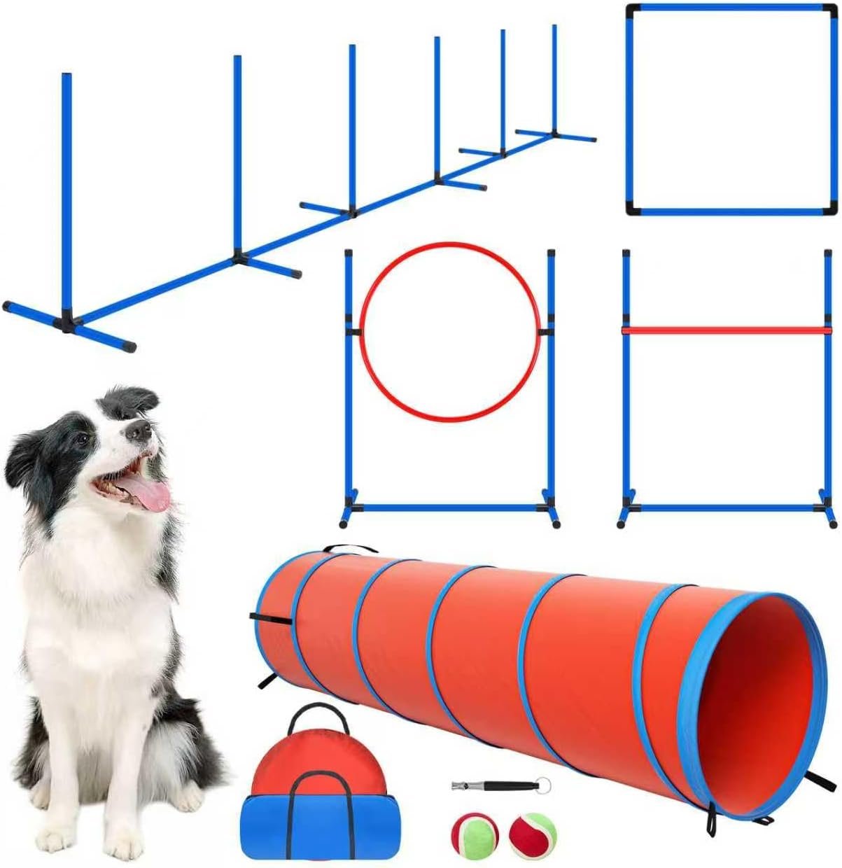 Dog Agility Equipment, Dog Agility Course Backyard Set Obstacle Course | Includes Adjustable High Hurdle,6 Weave Poles,Extended Tunnel,Jump Ring,Square Pause Box,2 Balls,Whistle,2 Carrying Bags