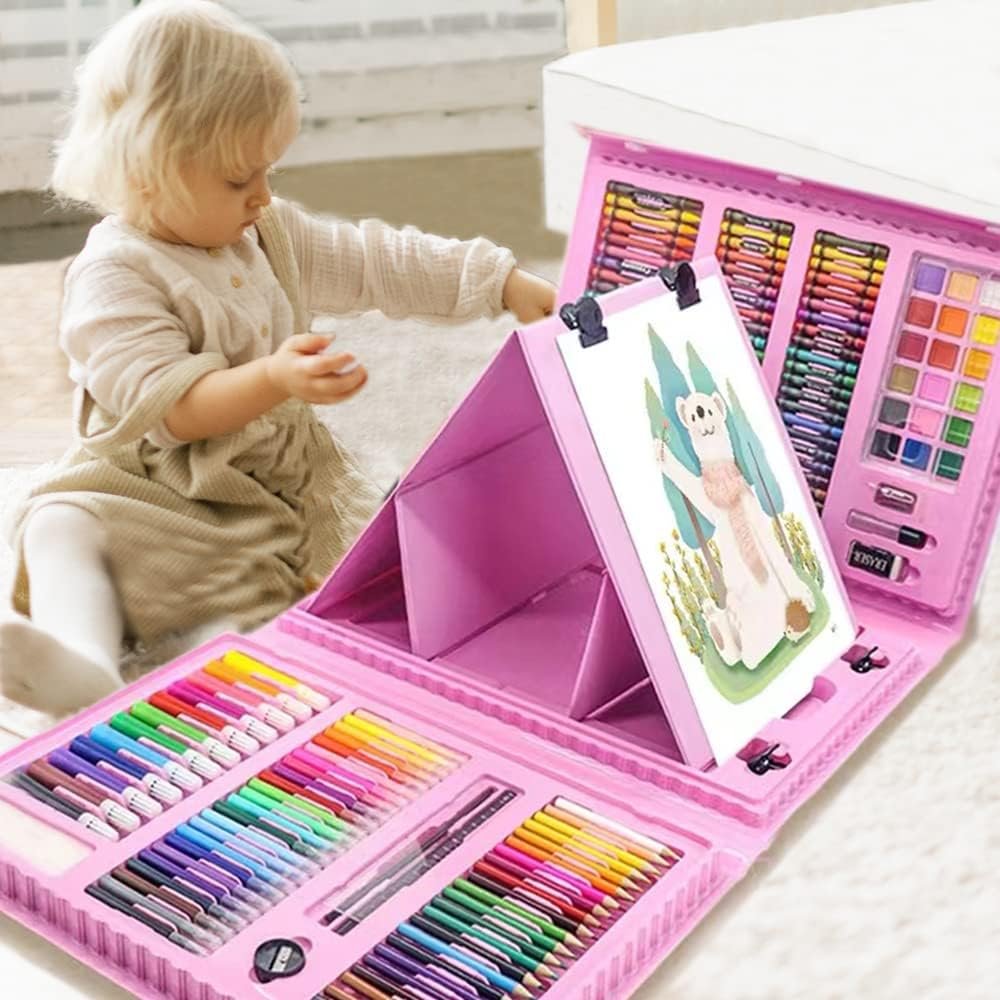 DLUCKY 208 PCS Art Supplies Drawing Art Kit Adults for Kids Art Set,Pink | with Double Sided Trifold Easel, Oil Pastels, Crayons, Colored Pencils, Watercolor Pens Gift for Girls Boys Artist