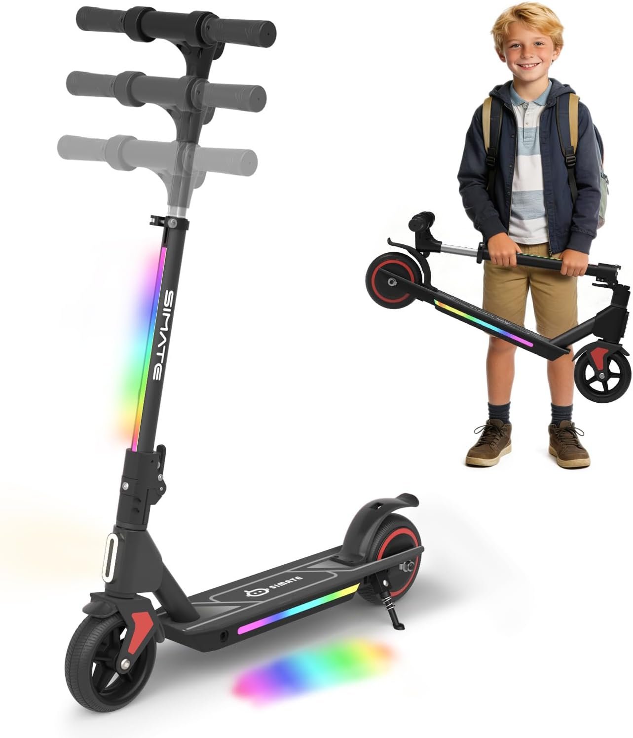SIMATE Electric Scooter for Kids Ages 6-14, 3 Adjustable Heights 34″/37″/39″, LED Display & Colorful Lights, Foldable Kids Electric Scooter, 8.7 MPH Safe Speed, Gifts for Boys Girls