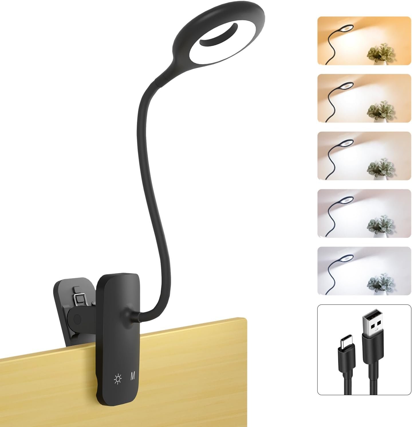 Rechargeable Clip Light, LED Bed Reading Lamp for Headboard & Desk | Strong Clamp, Portable, Cordless Battery Book Light w/ USB-C Cable, 25 Eye-Care Lighting Modes, Flexible Arm, Dorm Bunk Bed