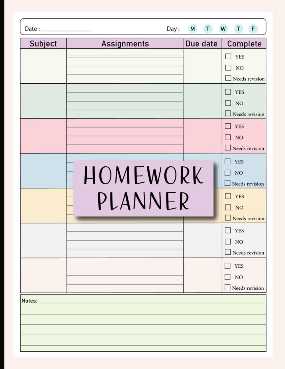 Colorful Homework Planner for ADHD Students: Undated Assignment Journal Notebook for middle, high school and College