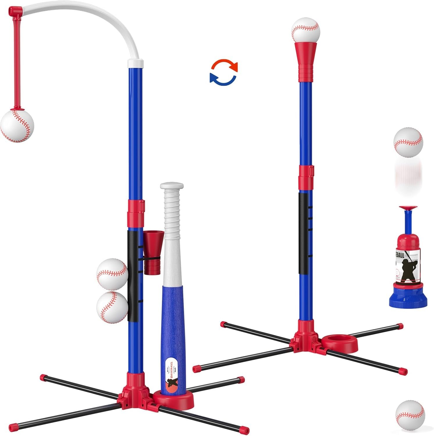 HYES 3-in-1 Baseball Set for Kids with Auto Pitching Machine | Tee Ball Stand, Hanging Tee, Ball Launcher and 6 Softballs – Adjustable Height, Indoor/Outdoor Sport Gifts for Boys Girls