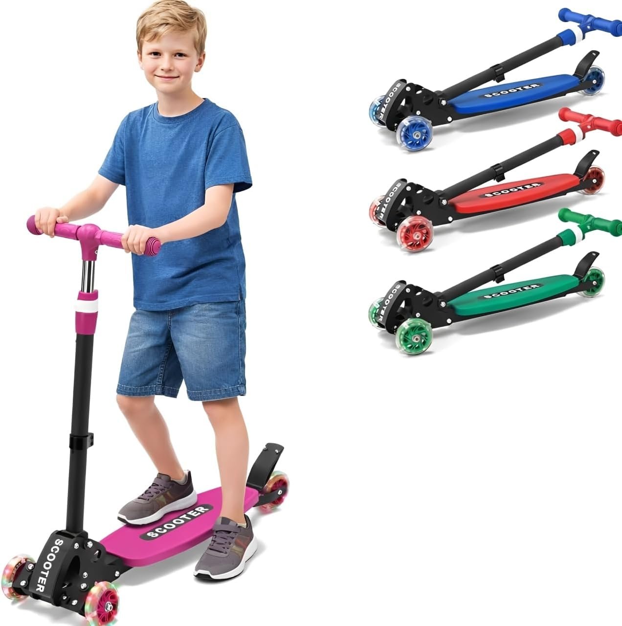 3 Wheel Kids Kick Scooter for Ages 3-12, Lean-to-Steer, Light-Up Wheels, 3-Level Adjustable Handlebar 27.5”-33”, Wide Non-Slip Deck, Dual Rear Brake,Travel Foldable, for Boys & Girls Toy Gifts