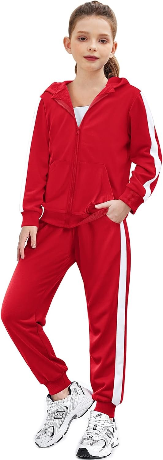 Zaclotre Girls 2 Piece Outfits Zip Up Hoodie Tracksuit Sweatsuits Sets | Sweatshirt and Sweatpant with Pockets,White Stripe Side Design,Ribbed Cuffs,Athletic Jogger Sets,Fall Winter Clothes
