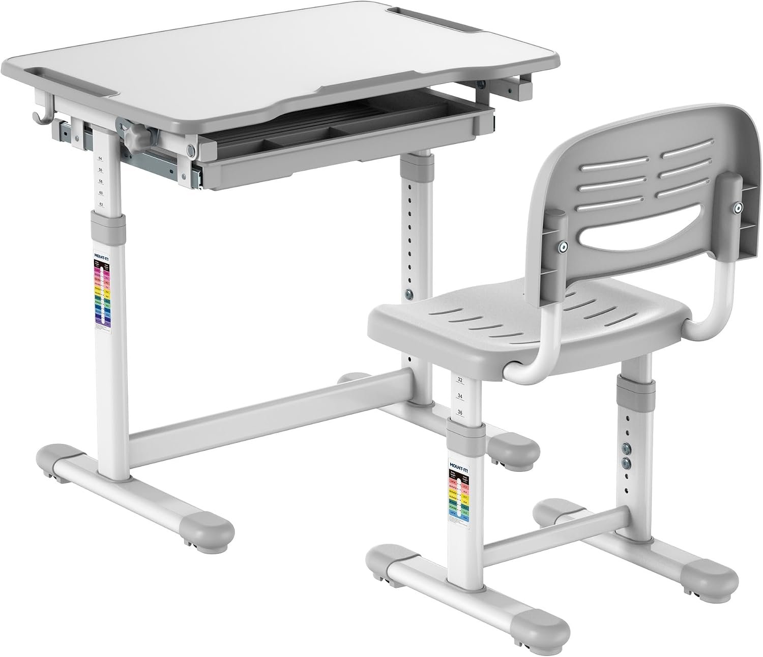 Mount-It! Kids Desk and Chair Set Height Adjustable up to 30″ Ergonomic for School – Table and Chairs for Student 26″ x 18″ Tabletop with Pencil Drawer, 3-10 Age Children, Grey