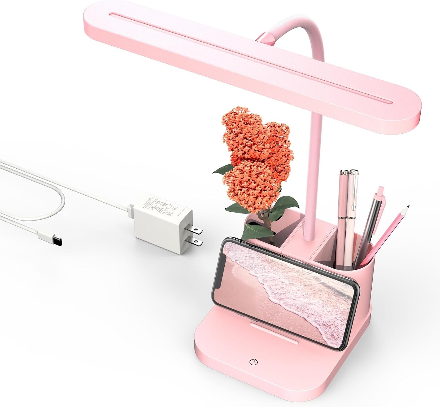 AXX Pink Desk Lamp for Teen Girls, College Dorm Room Cute Table Light | Home Office Bedroom Essentials, Kawaii, Dimmable LED, Flexible Gooseneck, Pen Holder, Touch Control, for Kids Adults