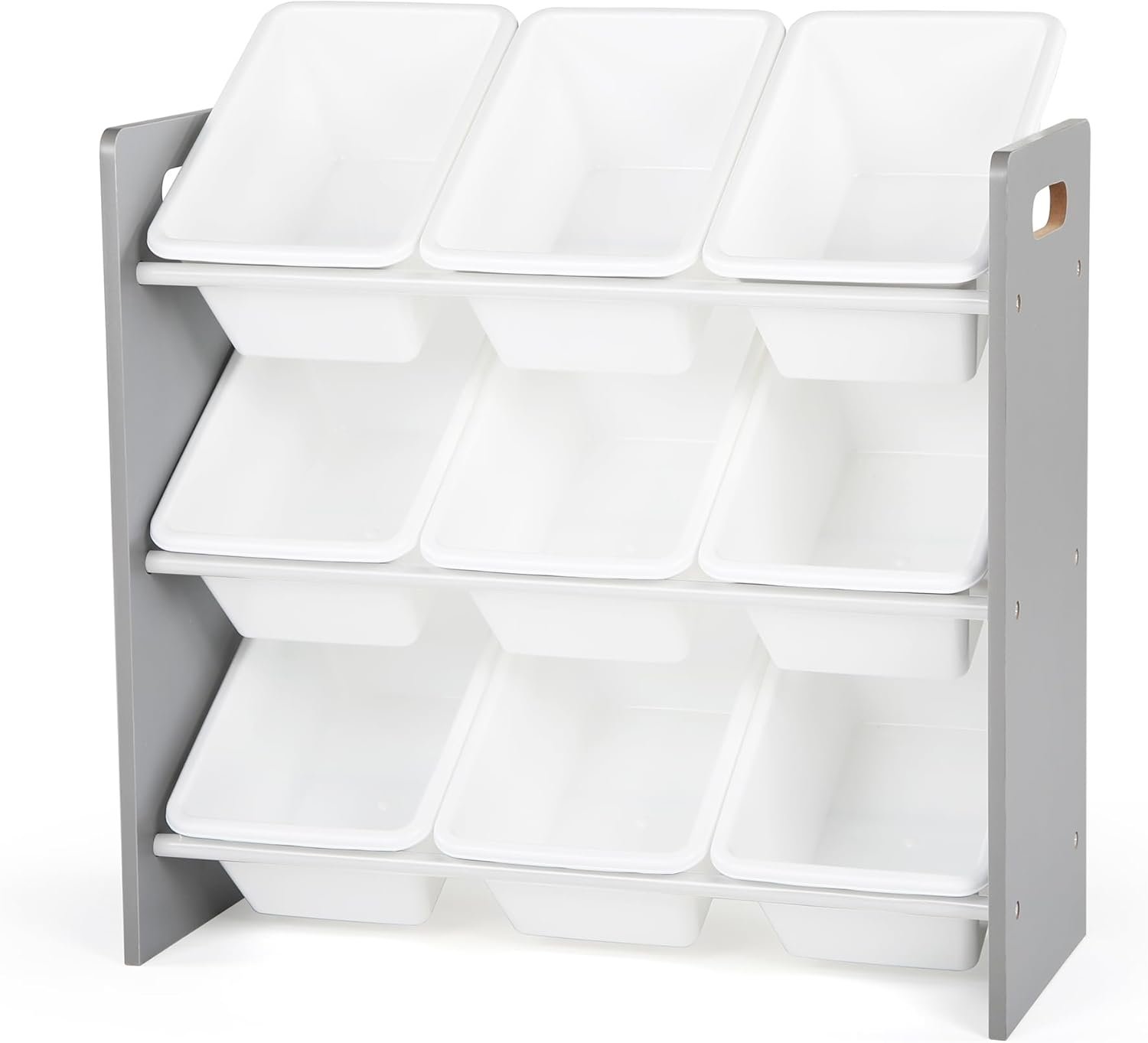 Humble Crew Kids Toy Organizer with 9 Bins, 3 Tier Storage for Playroom | Sturdy wood and steel toddler shelf, removable BPA-free containers, wall anchor anti-tip safety kit for bedroom or classroom