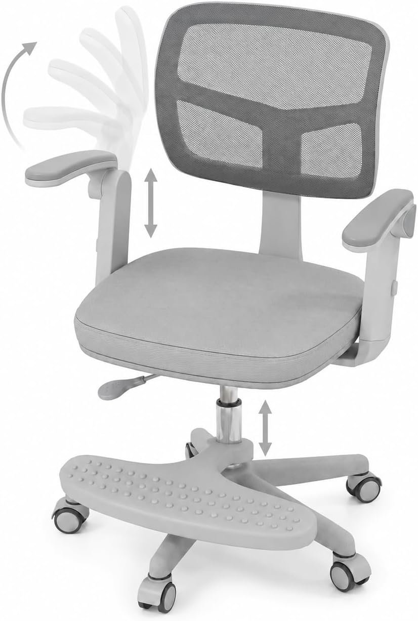 GLACER Kids Desk Chair, Ergonomic Study Chair with Footrest, Flip-up Armrest, Wheels, Adjustable Height Mesh Student Chair, Kids Computer Chair for Boys Girls in Home Bedroom Study Room (Grey)