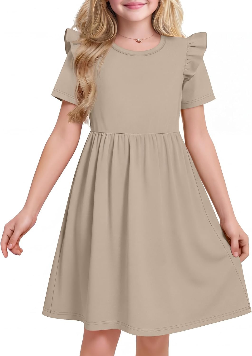 Girls’ Ruffle Short Sleeve Dresses | Midi Dress, Crew Neck, Elastic Waist, Stretchy Knit, Summer, Casual, Solid, for Kids Ages 5-14, Back to School