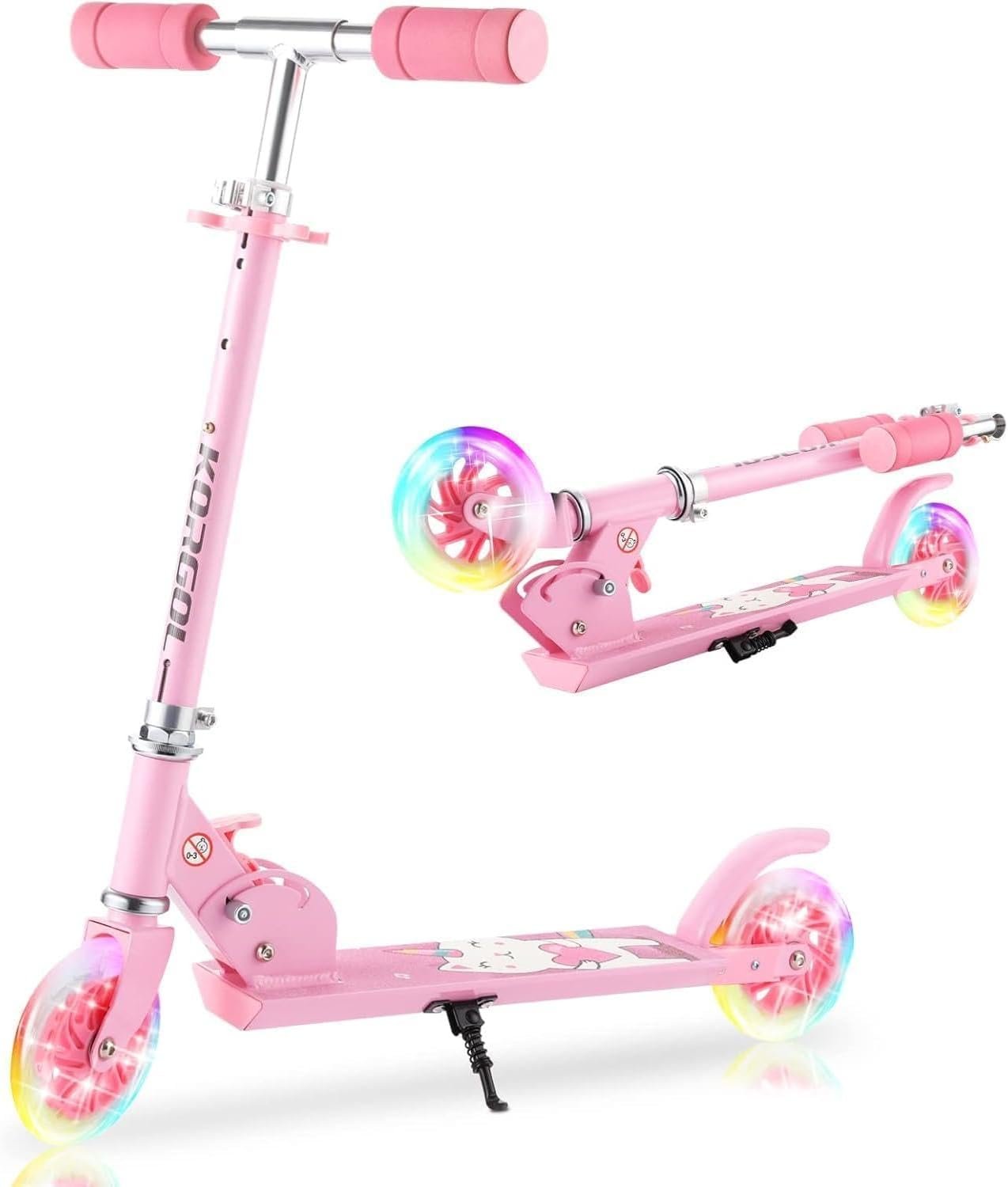 Scooter for Kids Ages 3-12 – Kids Kick Scooters with Led Light Up Wheels & 3 Levels Adjustable Handlebar, Lightweight Foldable 2 Wheel Girly Pink Scooter Christmas Birthday for Girls Boys.
