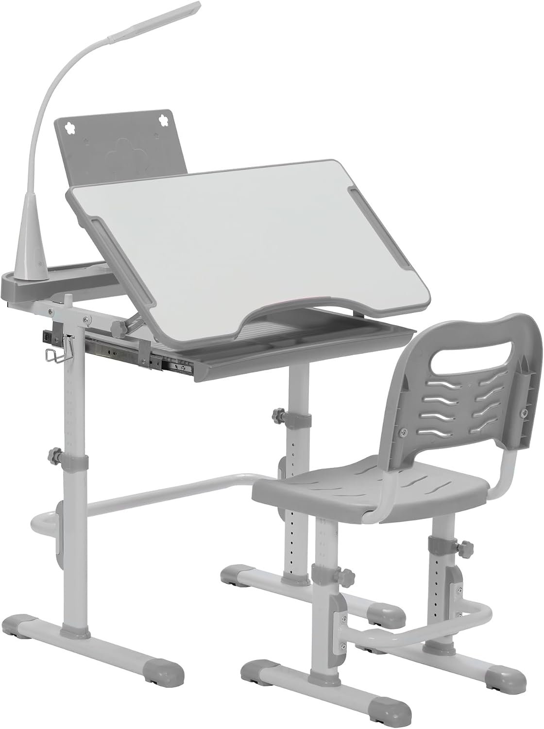 Kids’ Desk and Chair Set, Height Adjustable Child’s School Study Writing Tables with Tilt Desktop, LED Light, Storage Drawer, Book Stand(Grey)