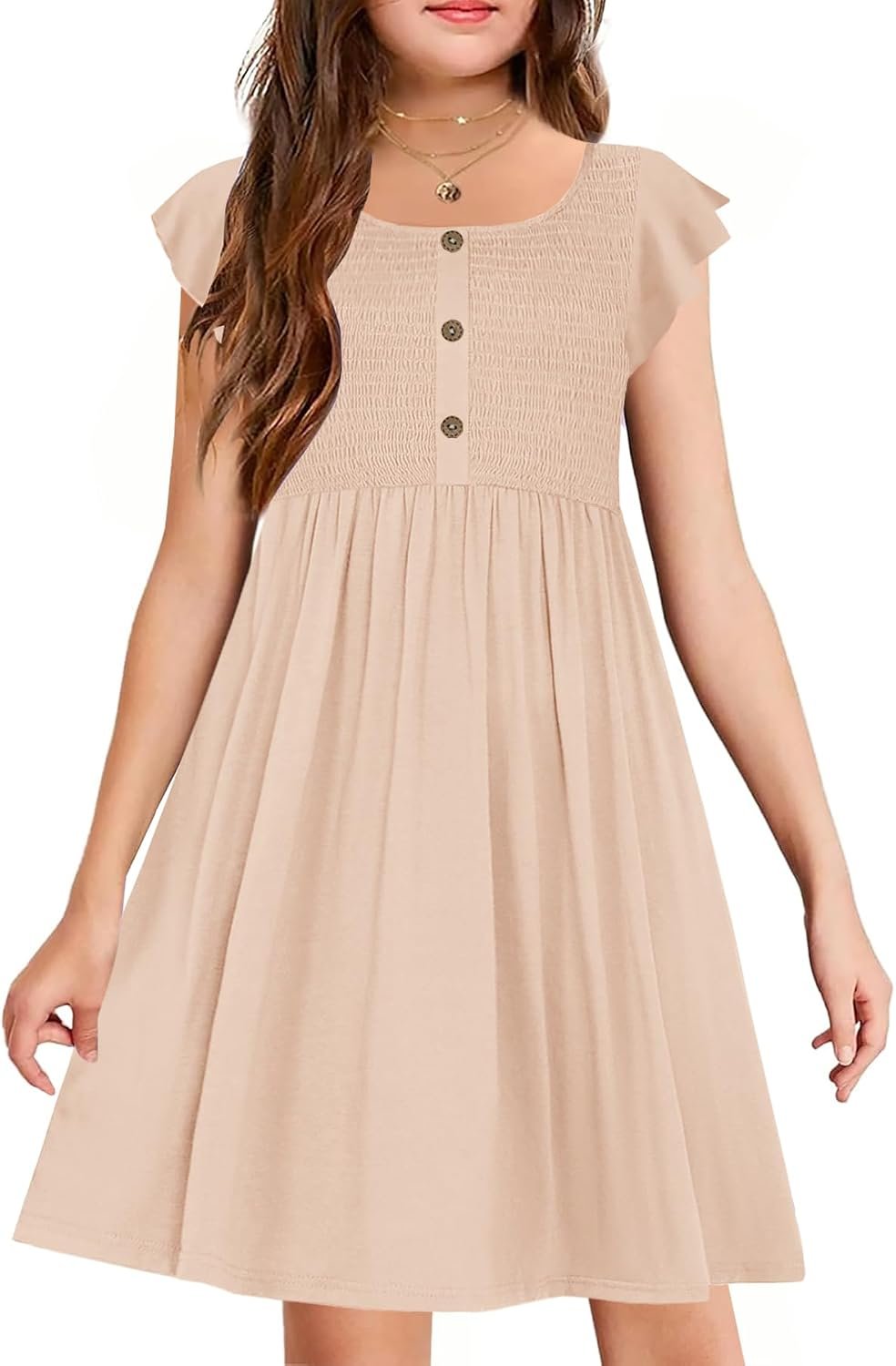 YOVION Girls Summer Ruffle Sleeve Smocked Casual A-Line Party Dress 6-12Y | Solid Color, Swing dress with practical pockets, Chest button decoration, Skin-friendly elastic fabric