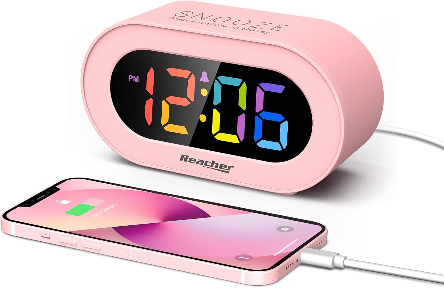 REACHER Pink Colorful LED Digital Alarm Clock with USB Charger | Colorful dimmable LED display, USB phone charging port, adjustable volume, easy snooze, compact clock for bedside or desk