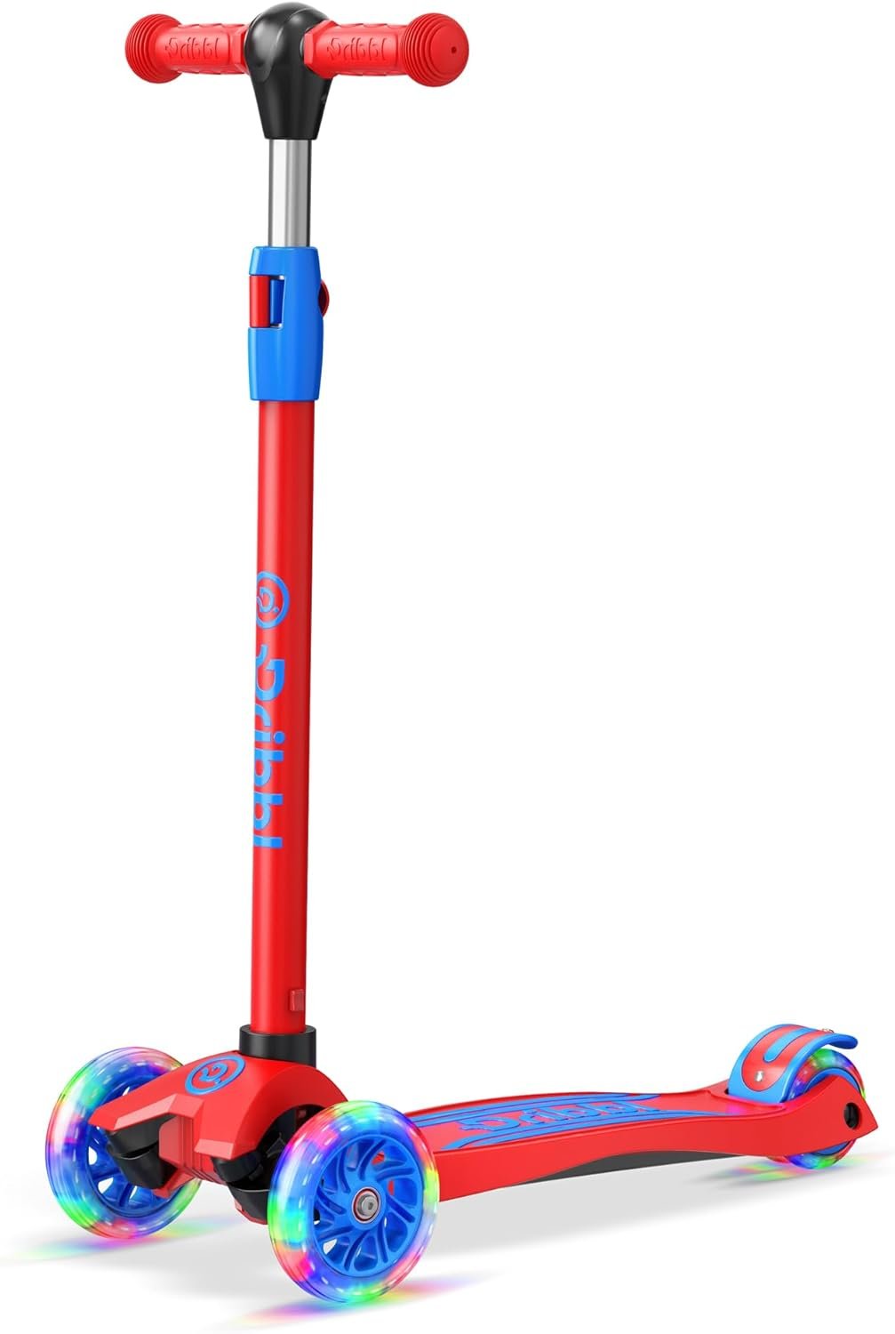 Dribbl 3-Wheel Kids Scooter – Lean-to-Steer Technology, Adjustable Height Handlebar, Anti-Slip Deck, Scooter for Boys & Girls Ages 3+, Child Safety Approved, Support Riders Up To 165 lbs, Red and Blue