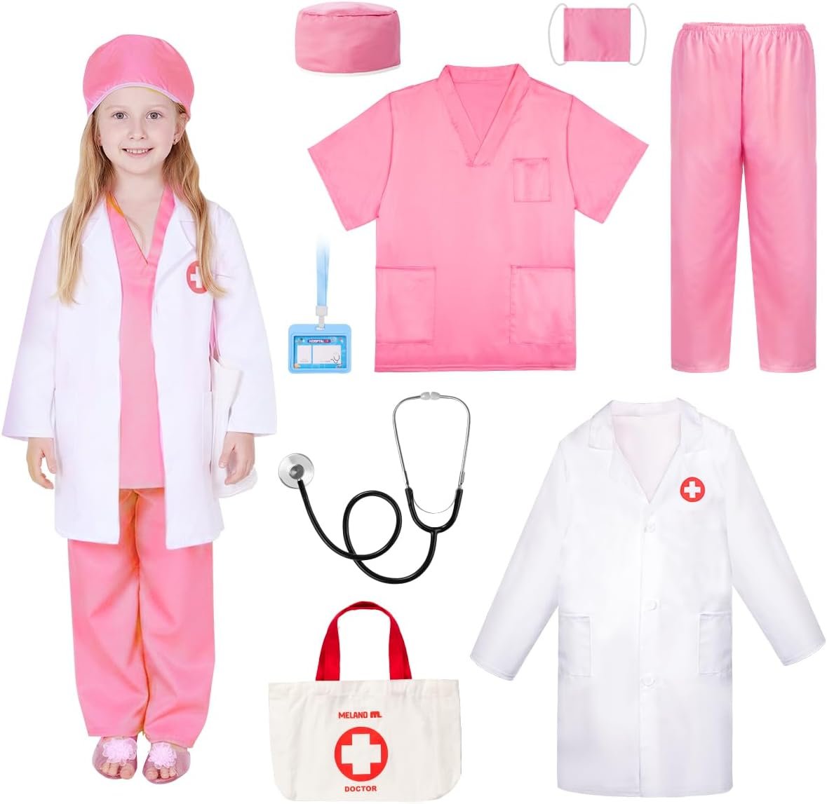 Meland Doctor Costume for Kids 3-10, Kids Pretend Play Doctor Dress Up with Medical Toys, Career Exploration Role Play Toy
