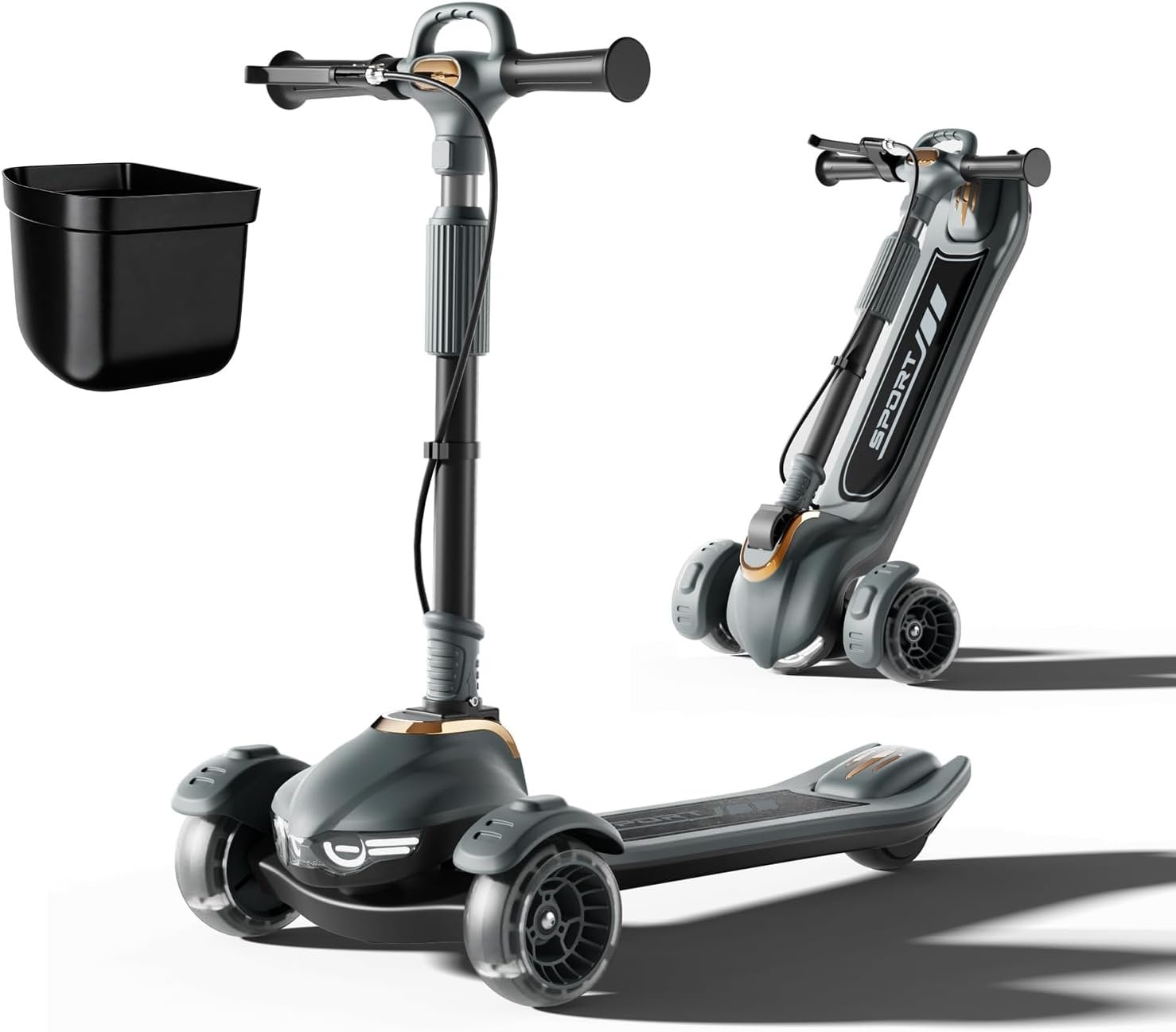 Large Kids Scooter, Toddler Scooter for Kids 3-18 & Adults, Safe Dual Brakes (Foot Brake/Hand Brake) & Music with Lights, 5-Level Adjustable & One-Click Folding Kick Scooter.