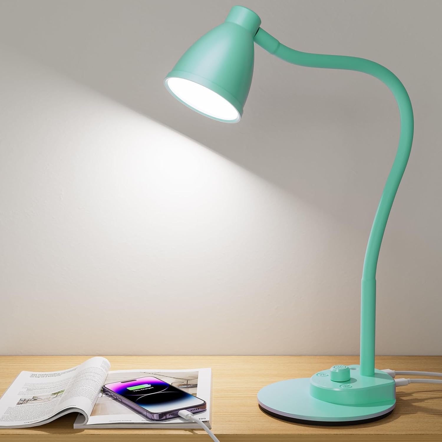 BOHON LED Desk Lamp with USB Charging Port, 3 Color Modes Dimmable, Teal | Reading Lamp, Auto Dimming Task Lamp, Flexible Neck Table Light for Office Dorm Bedside, Adapter Include