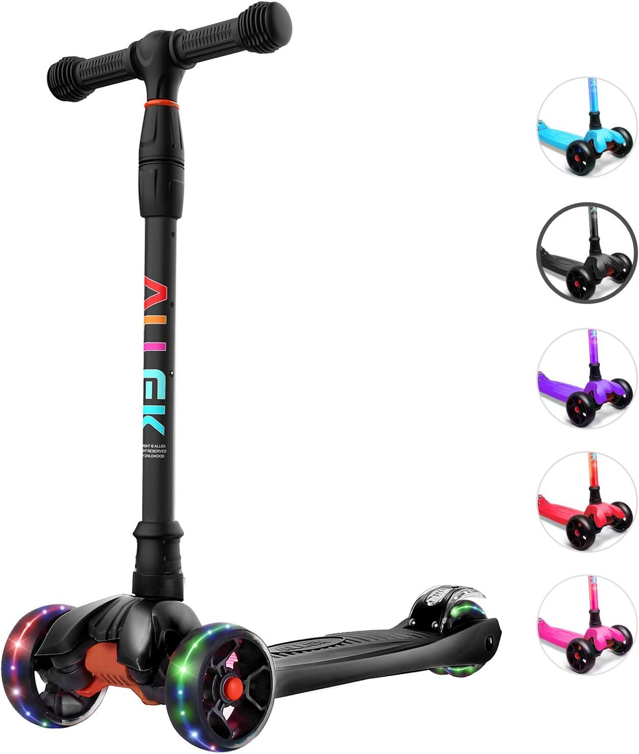 Allek Kick Scooter B02, Lean ‘N Glide Scooter with Extra Wide PU Light-Up Wheels and 4 Adjustable Heights for Children from 3-12yrs (Black)