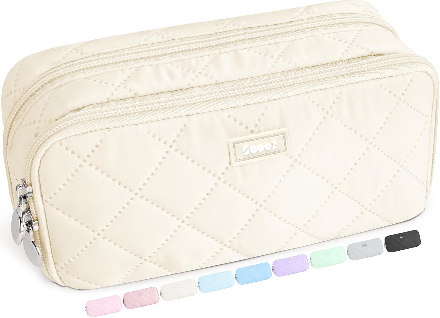 Sooez Large Pencil Case Pouch, Extra Big Pencil Bag with 8 Compartments, Pen Bag Wide Opening, Soft Quilted Pencil Pouch Organizer with Zipper, Portable Pencil Case for Teen Girls, Beige
