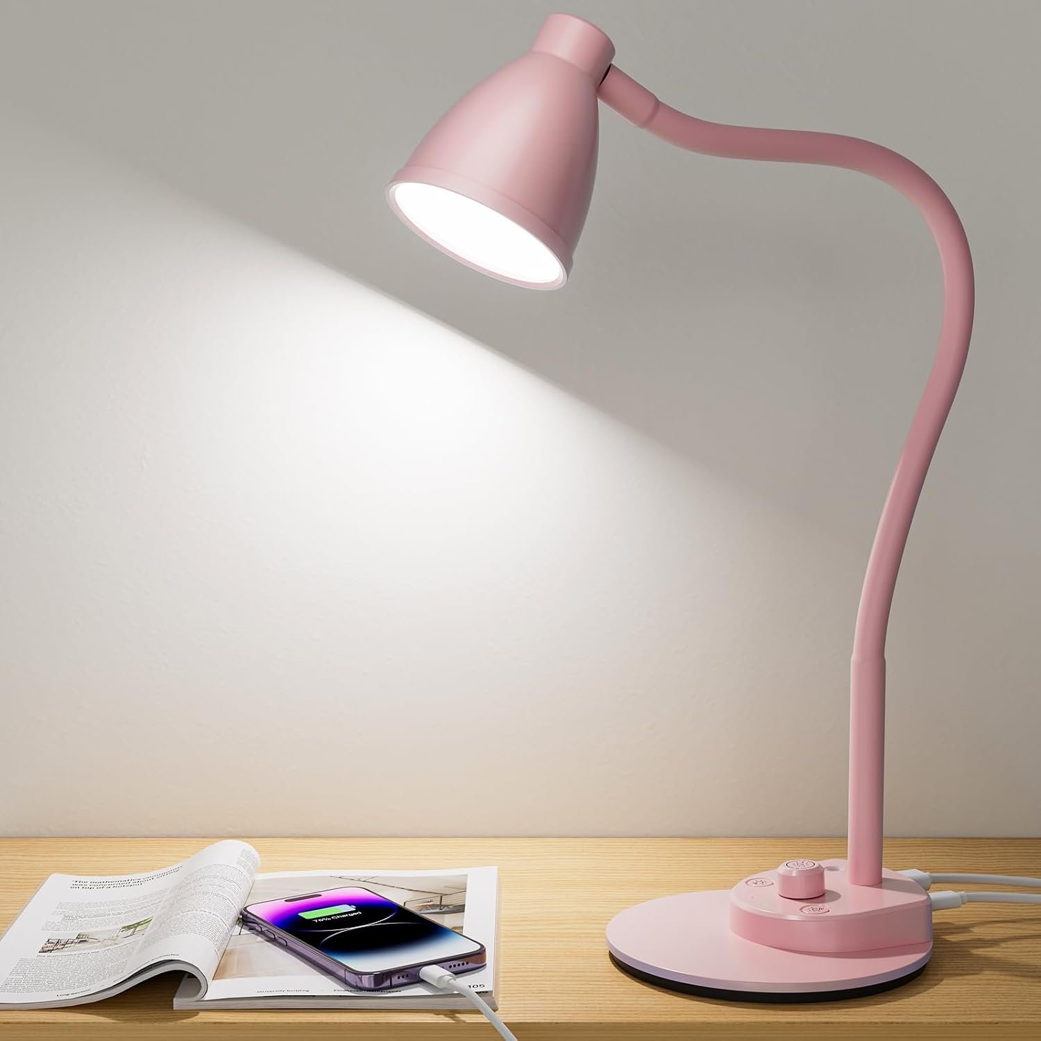BOHON Cute Desk Lamp with USB Charging Port, 3 Color Modes Dimmable, Pink | Pink Lamp LED Reading Lamp, Flexible Neck Auto Dimming Table Task Light for Home Office Dorm Bedside