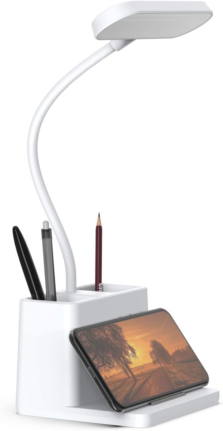 AXX Small Desk Lamp, Rechargeable Cute Table Light for Kids Teens | for College Dorm Room, Home Office, Bedroom, White, LED, Pen Holder, Mini, Gooseneck, Computer Task, Desktop Study