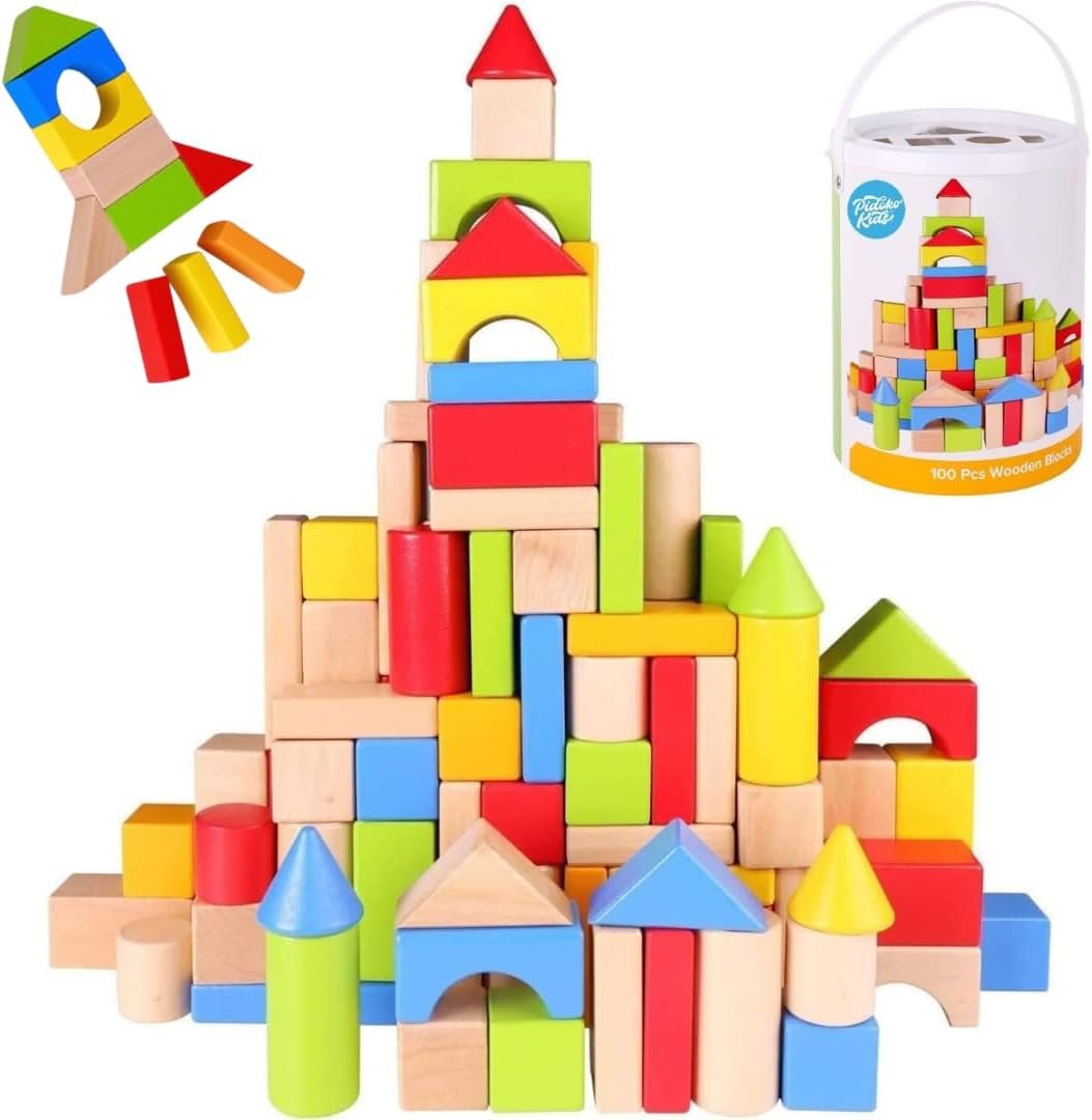 Pidoko Kids Building Blocks for Toddlers 1-3, 100 Pcs Wooden Blocks | Includes Storage Bucket and Shape Sorter Lid – Montessori Wood Block Gifts For Preschool Boys & Girls