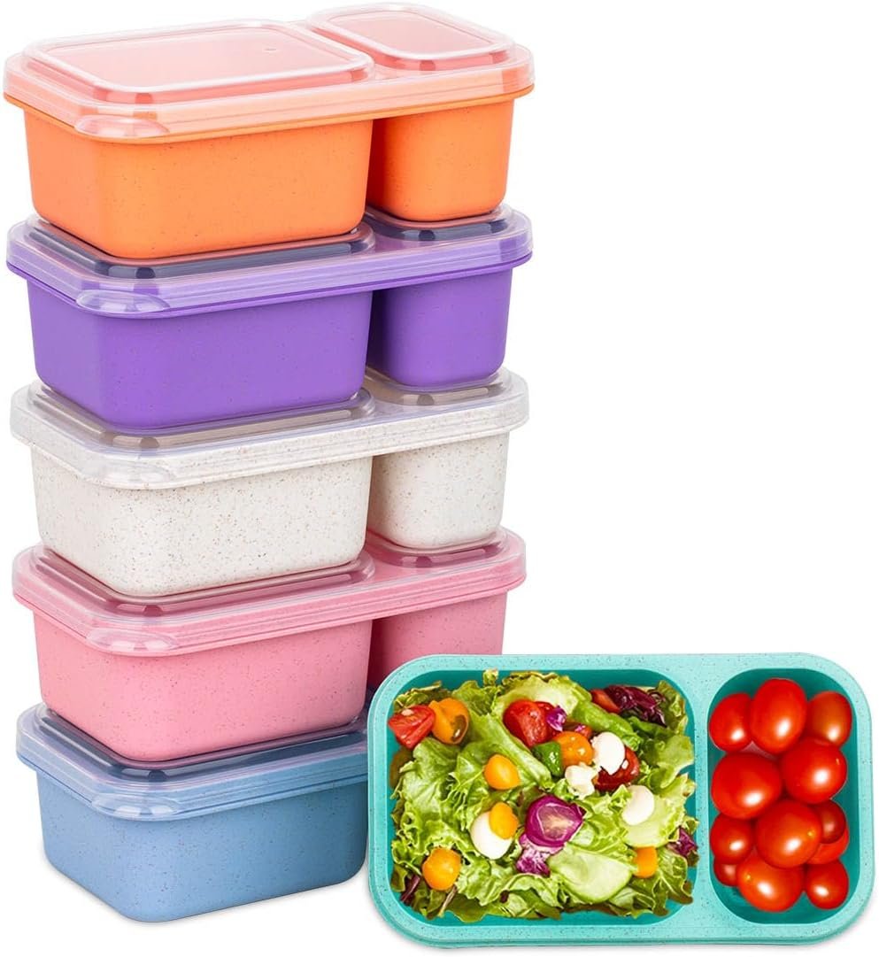 DOSEWART 2-Compartment Reusable Snack Containers with Lids Wheat Straw Reusable Snack Packs for Meal Prep Food Storage on-the-go Snacking(6Pack)