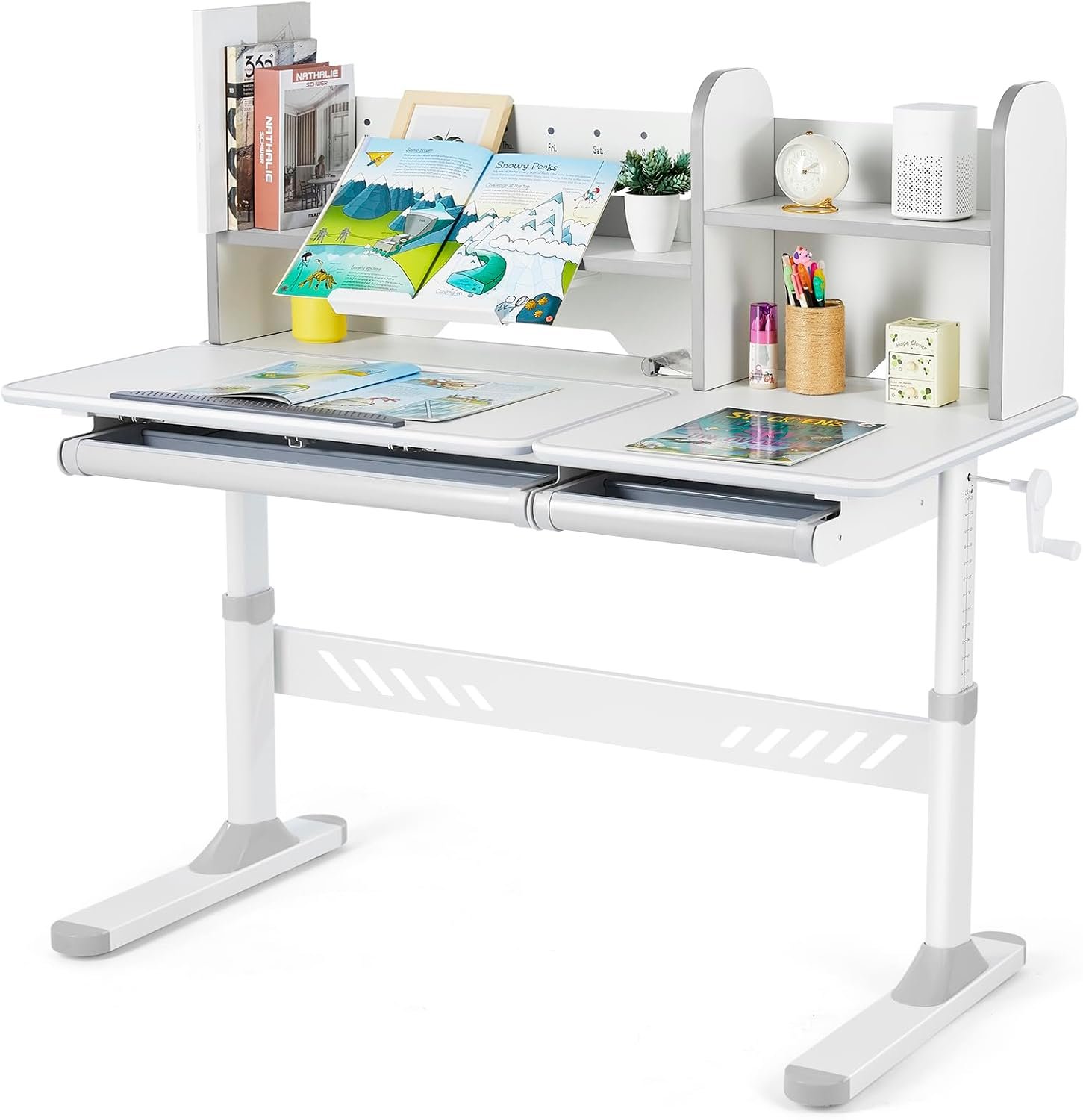COSVALVE Adjustable Kids Desk with Hutch and Drawers, 47″ Wide Multifunction Ergonomic Study Table, with Two Storage Drawer, Tilt Desktop, Height Adjust for Home or School Use, for Girls Boys (Grey)