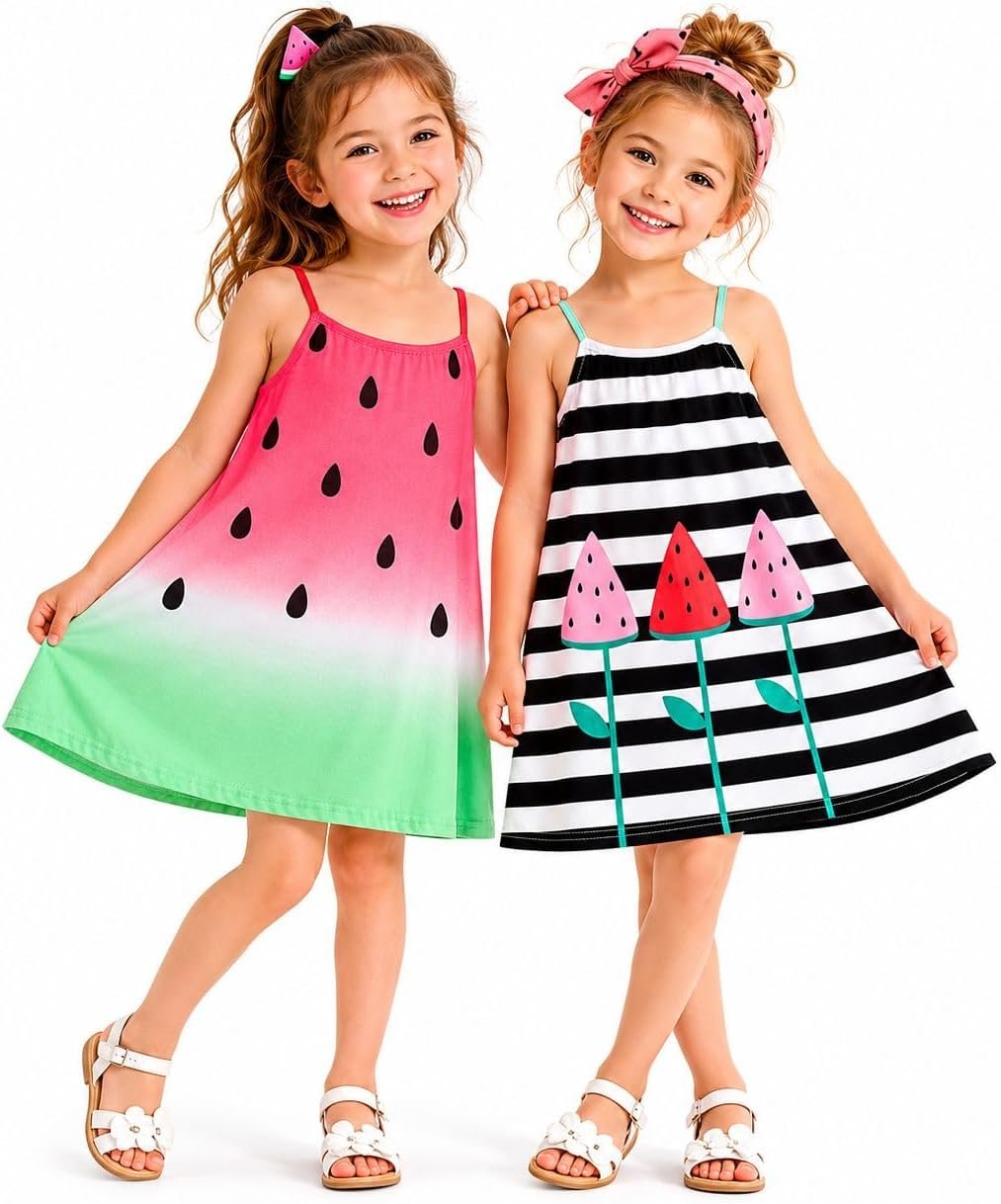 HILEELANG Girls Cotton Sundress 2 Pack Tank Dress Summer Beach Dress | Soft Cotton Fabric, Lightweight Comfort, Adjustable Straps, Cute Prints, Easy Fit Summer Sundresses for Toddler Little Girls