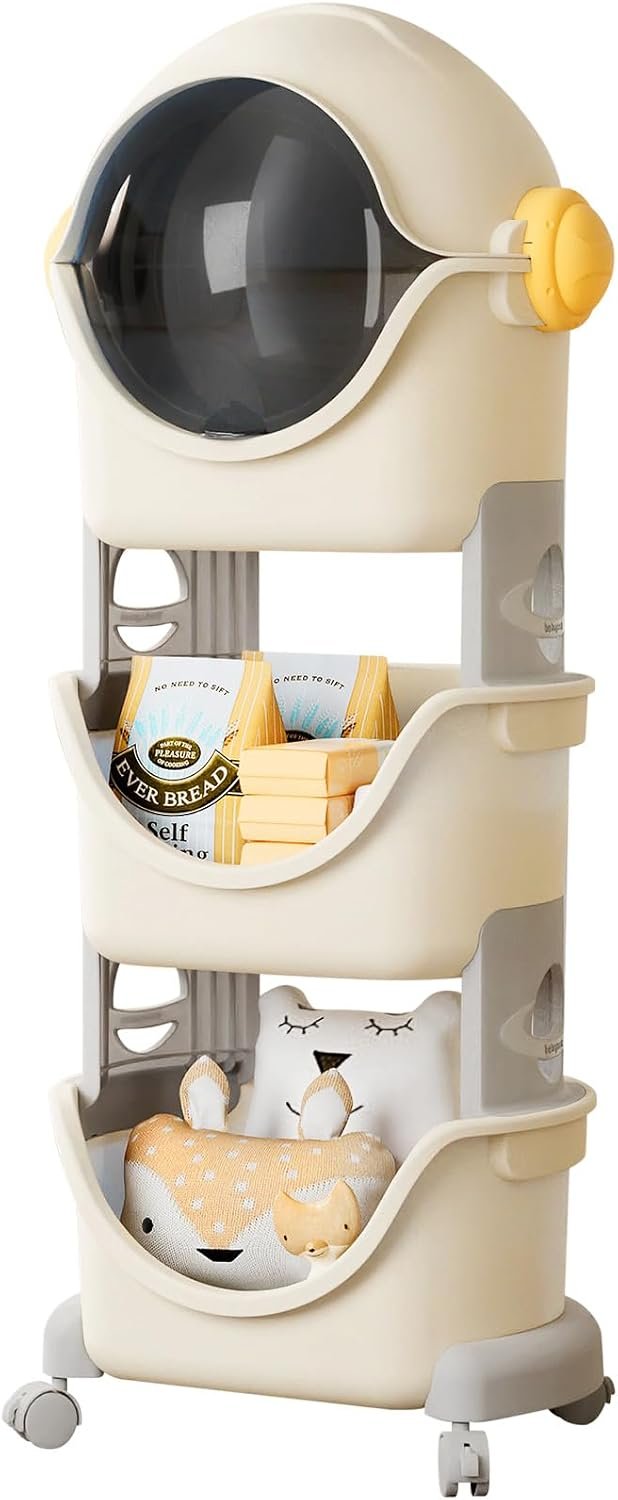 UNICOO® Kids Spaceman Toy Storage Organizer, 3-Tier Stackable Rolling Cart, Multi-Functional Toy Organizer with Wheels for Playroom, Bedroom, Classroom, Lightweight Toy Organizers and Storage (Gray)